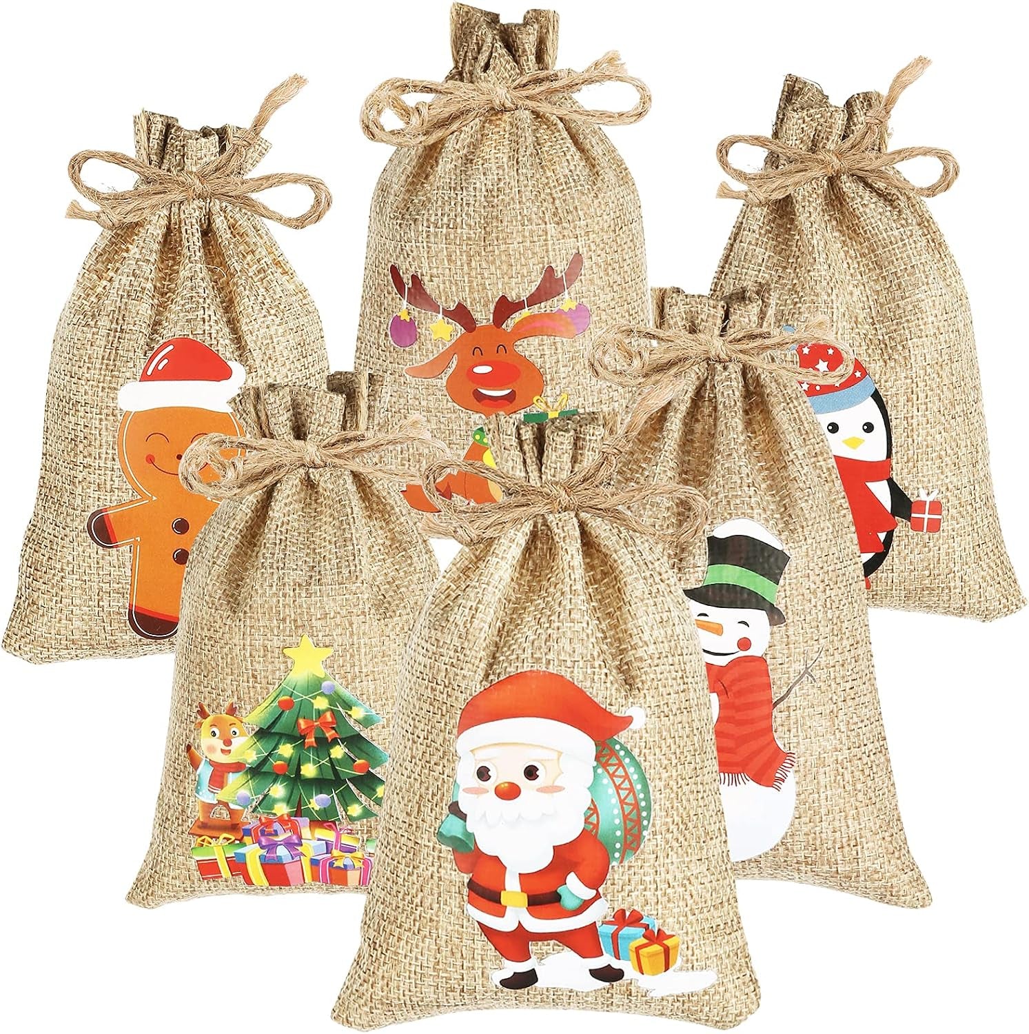 24Pcs Christmas Jute Burlap Bags, Xmas Jute Linen Burlap Drawstring Gift Candy Pouch Snack Sack Craft Goodie Bags for Kids Xmas Party Favors