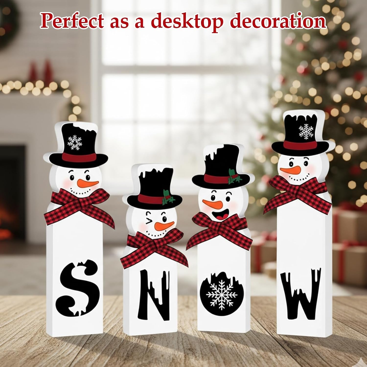 Christmas Decorations, Set of 4 Snowman Tabletop Decor, Traditional Indoor Xmas Decorations, 15 Cm Festive Holiday Centerpiece for Home and Kitchen