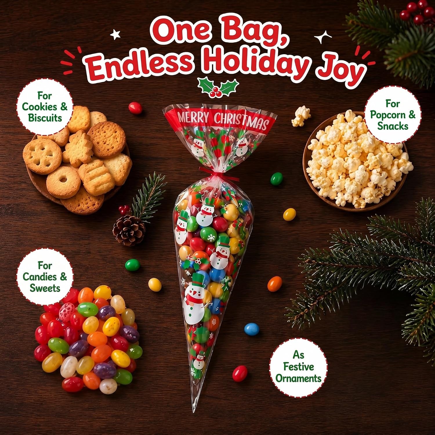 100Pcs Christmas Sweet Cone Bags, 13X25Cm Triangle Candy Bags for Xmas